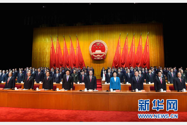 10月1日，慶祝中華人民共和國(guó)成立66周年暨新疆維吾爾自治區(qū)成立60周年大會(huì)在新疆人民會(huì)堂隆重舉行。 新華社記者 饒愛民 攝