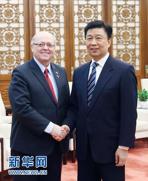 1月4日，中國國家副主席李源潮在北京人民大會堂會見加拿大參議長富里。新華社記者 姚大偉 攝