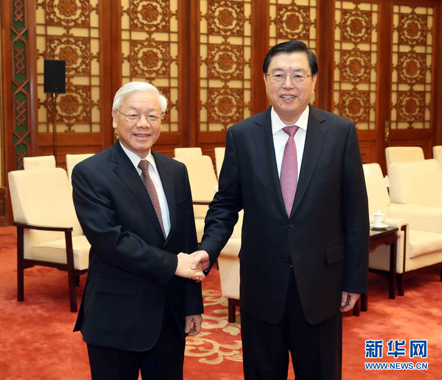1月13日，中共中央政治局常委、全國人大常委會委員長張德江在北京人民大會堂會見越共中央總書記阮富仲。 新華社記者 劉衛(wèi)兵 攝