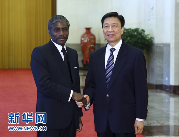 7月13日，中國(guó)國(guó)家副主席李源潮在北京人民大會(huì)堂與赤道幾內(nèi)亞副總統(tǒng)曼格會(huì)談。 新華社記者 謝環(huán)馳 攝