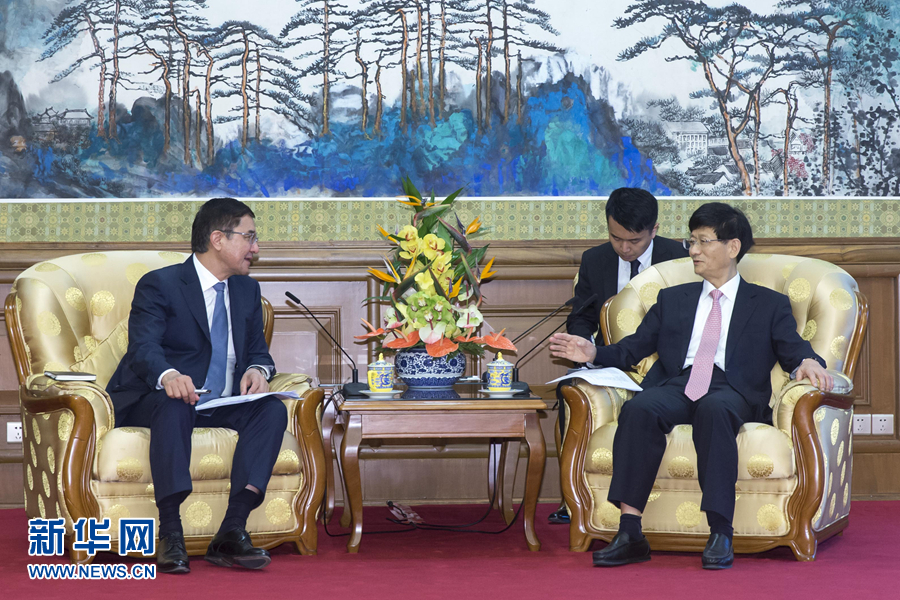 7月19日，中共中央政治局委員、中央政法委書記孟建柱在北京會見烏茲別克斯坦副總理庫奇卡羅夫。 新華社記者崔新鈺攝