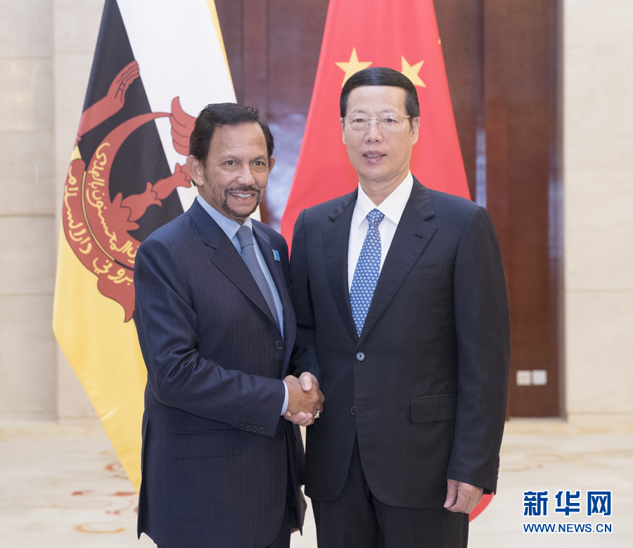 9月11日，中共中央政治局常委、國(guó)務(wù)院副總理張高麗在廣西南寧會(huì)見前來出席第十四屆中國(guó)－東盟博覽會(huì)和中國(guó)－東盟商務(wù)與投資峰會(huì)的文萊蘇丹哈桑納爾。新華社記者王曄攝
