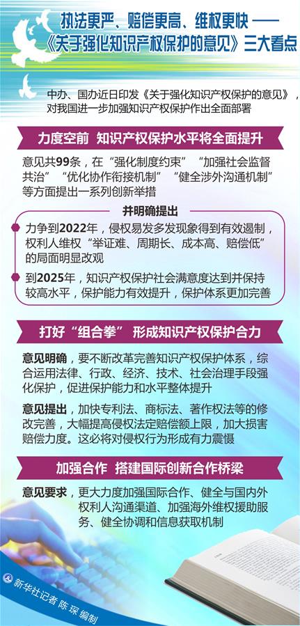 （圖表）[新華調(diào)查]執(zhí)法更嚴(yán)、賠償更高、維權(quán)更快——《關(guān)于強(qiáng)化知識(shí)產(chǎn)權(quán)保護(hù)的意見(jiàn)》三大看點(diǎn)