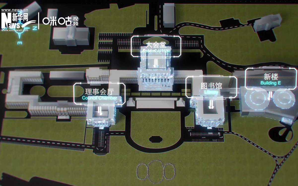 萬(wàn)國(guó)宮整個(gè)建筑群呈“品”字形，擁有34間會(huì)議廳