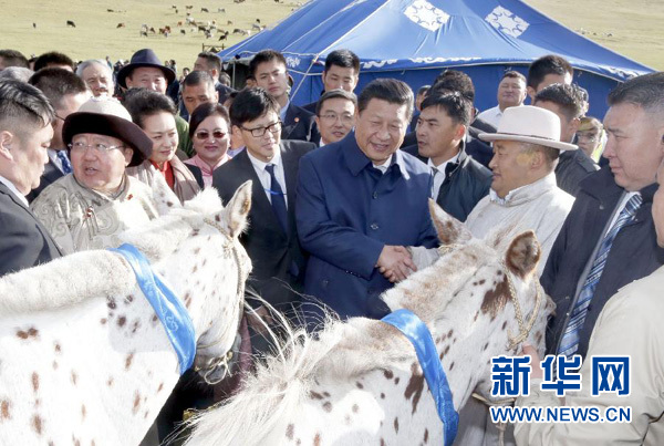 8月22日，國家主席習(xí)近平在蒙古國總統(tǒng)額勒貝格道爾吉陪同下前往烏蘭巴托市郊觀看那達(dá)慕。額勒貝格道爾吉向習(xí)近平夫婦贈(zèng)送兩匹蒙古馬。習(xí)近平為兩匹馬分別取名阿爾泰和克魯倫，寓意中蒙兩國山水相連、睦鄰友好。新華社記者 鞠鵬 攝
