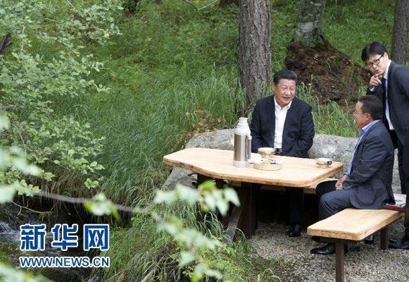 8月22日，國家主席習近平同蒙古國總統(tǒng)額勒貝格道爾吉在烏蘭巴托市郊的總統(tǒng)官邸再次會晤。這是習近平同額勒貝格道爾吉會晤后在溪畔飲茶。新華社記者 黃敬文 攝