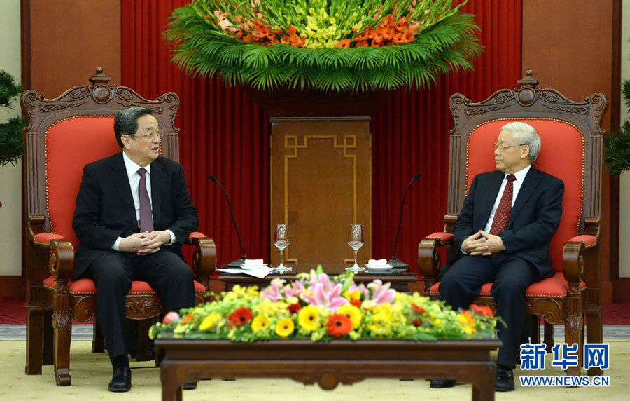 12月25日至27日，中共中央政治局常委、全國(guó)政協(xié)主席俞正聲對(duì)越南進(jìn)行正式訪問(wèn)。這是12月26日，俞正聲在河內(nèi)會(huì)見(jiàn)越共中央總書(shū)記阮富仲。 新華社記者馬占成攝