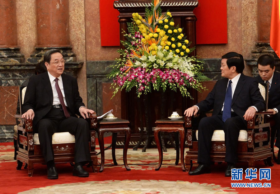 12月25日至27日，中共中央政治局常委、全國(guó)政協(xié)主席俞正聲對(duì)越南進(jìn)行正式訪問(wèn)。這是12月26日，俞正聲在河內(nèi)會(huì)見(jiàn)越南國(guó)家主席張晉創(chuàng)。 新華社記者劉建生攝